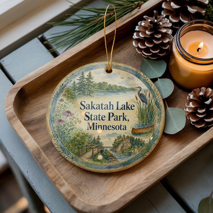 A wooden tray with a decorative ornament featuring a scenic landscape of Sakatah Lake State Park, Minnesota, and pine cones.