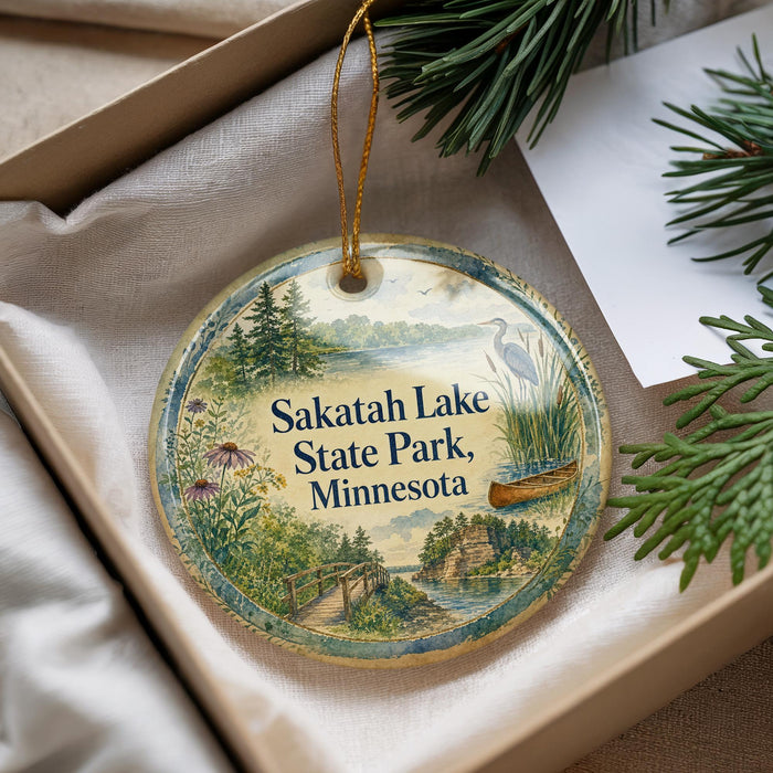 A decorative ornament with a scenic landscape of Sakatah Lake State Park, Minnesota, featuring a canoe and pine trees.