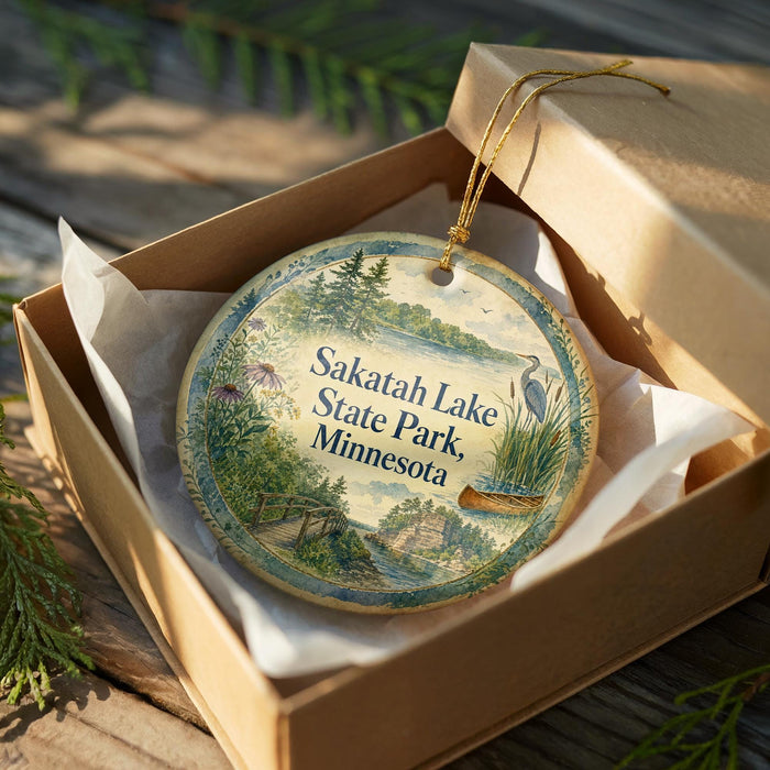 A decorative ornament in a wooden box, featuring a scenic landscape with a lake, trees, and a bird, is displayed on a wooden surface.