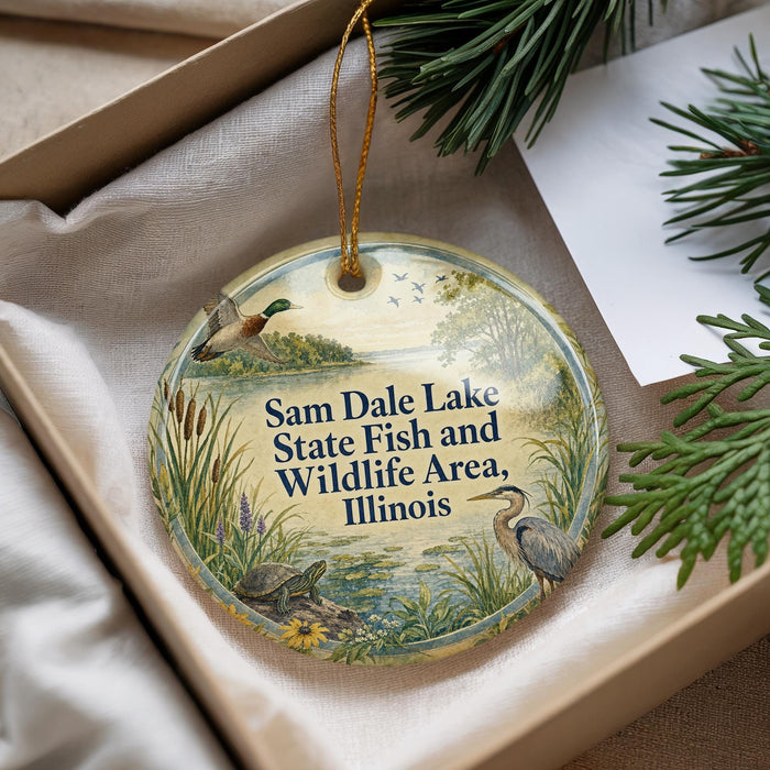 A decorative ornament with a lake scene and ducks, placed in a box with pine branches.