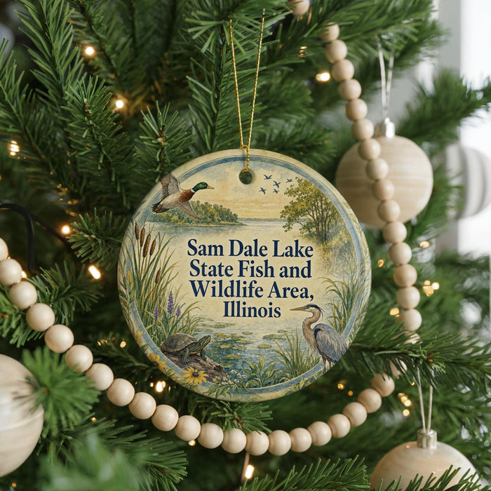 A round ornament hanging on a Christmas tree, featuring a scenic image of ducks and a lake surrounded by trees.