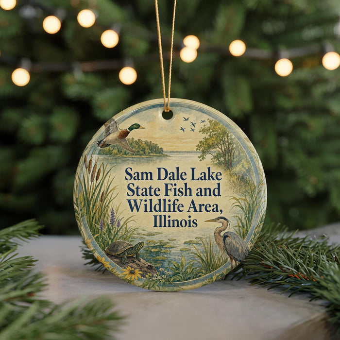 A round ornament with a nature scene featuring ducks, a heron, and a pond, along with text that reads "Sam Dale Lake State Fish and Wildlife Area, Illinois".