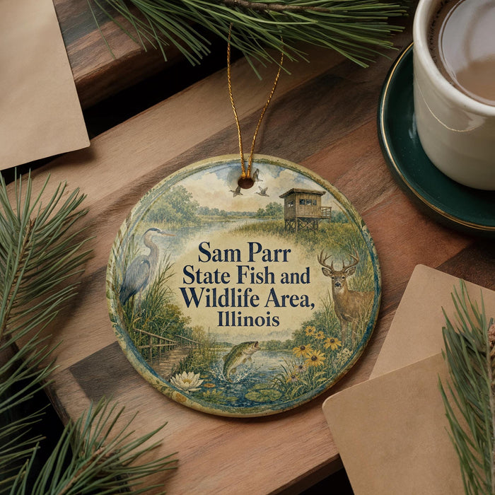 A decorative ornament featuring a bird, deer, and fish, along with text that reads "Sam Parr State Fish and Wildlife Area, Illinois".