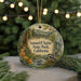A round ornament with a scenic landscape of Samuel P. Taylor State Park, California, featuring a bird, trees, and a stream.