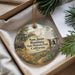 A decorative ornament with a picture of Santa Juan Bautista State Historic Park, California, hanging from a string.
