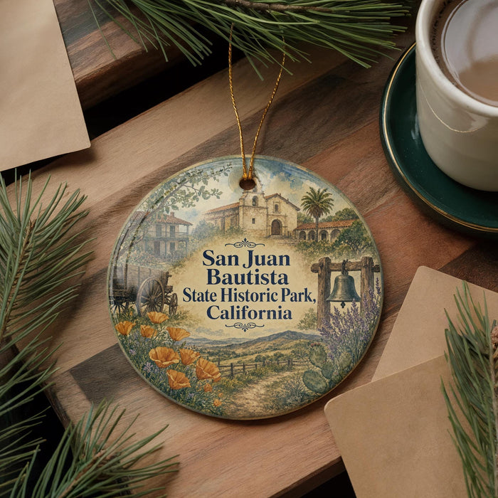 A decorative ornament featuring a scenic image of San Juan Bautista State Historic Park in California, with a bell tower and other buildings in the background.