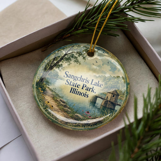 A decorative ornament in a box, featuring a scenic landscape with a lake, trees, and a bridge.