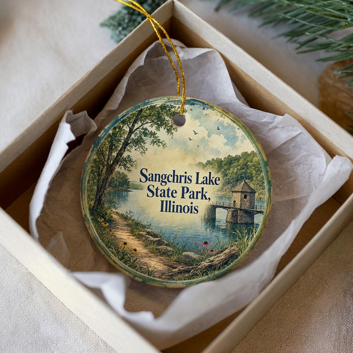A decorative ornament in a box, featuring a scenic landscape with a lake, trees, and a small building.