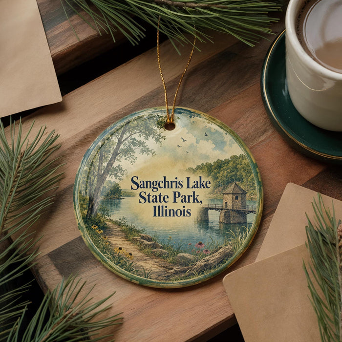 A decorative ornament featuring a scenic landscape with a lake, trees, and a bridge, hanging on a wooden surface.