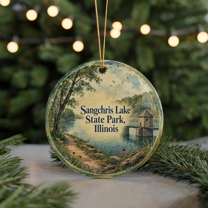 A round ornament with a scenic landscape of a lake, trees, and a bridge, featuring the text "Sang CHRIS LAKE STATE PARK, ILLINOIS"