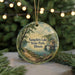 A round ornament with a scenic landscape of a lake, trees, and a bridge, featuring the text "Sang CHRIS LAKE STATE PARK, ILLINOIS"