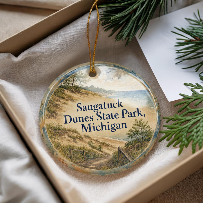 A decorative ornament with a scenic image of a path leading to a beach, surrounded by pine trees, placed in a box with pine branches.