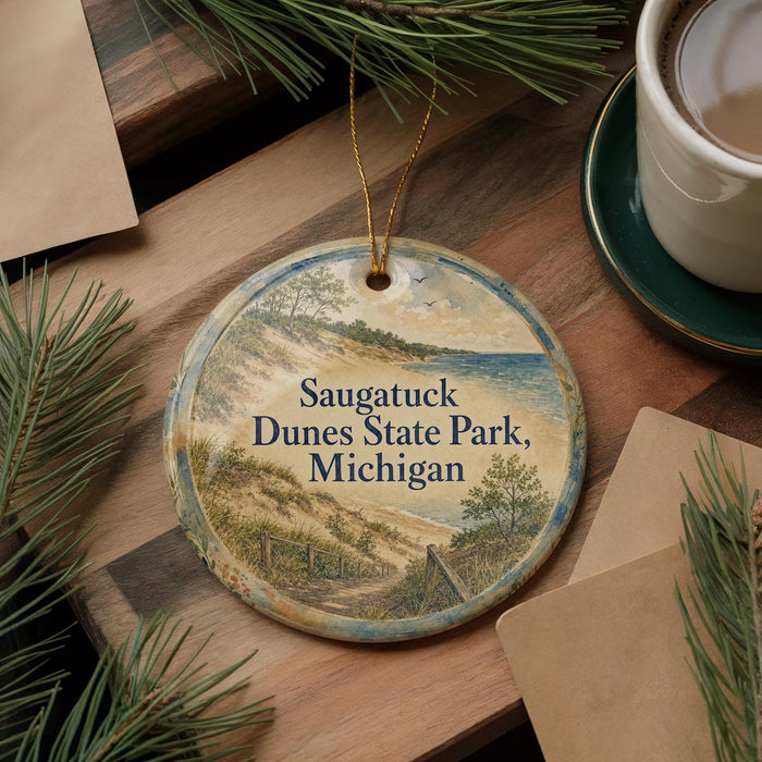 A decorative ornament with a scenic landscape of Saugatuck Dunes State Park, Michigan, featuring a beach, dunes, and a lake. The ornament is hanging on a wooden surface, surrounded by pine branches and a cup of coffee.