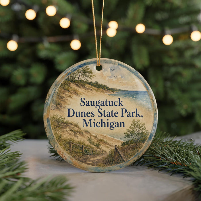 A round ornament with a scenic image of a beach and dunes, along with the text "Saugatuck Dunes State Park, Michigan".