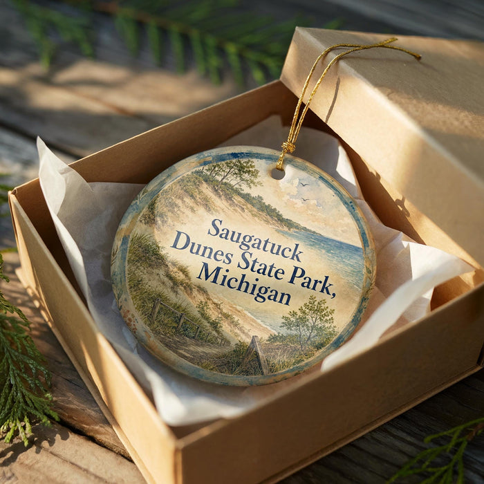 A round ornament in a box, featuring a scenic image of a beach and dunes, with the text "Saugatuck Dunes State Park, Michigan" printed on it.