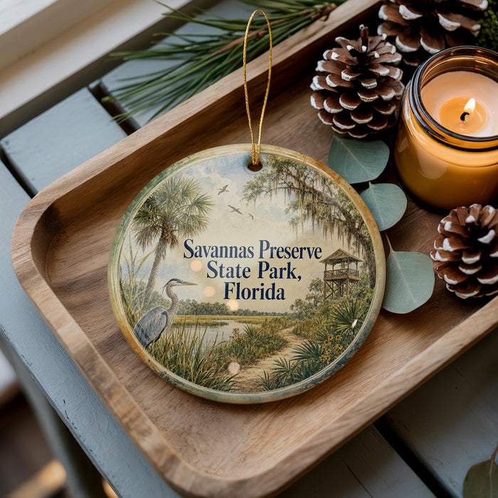 A wooden tray with a decorative ornament featuring a bird and palm trees, along with pine cones and a lit candle, placed on a table.