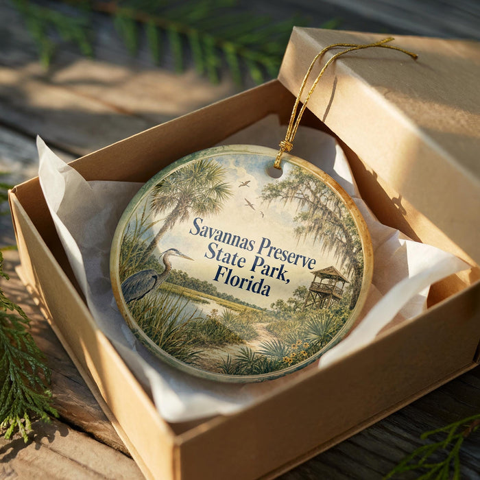 A decorative ornament in a wooden box, featuring a bird and palm trees, with the text "Savannas Preserve State Park, Florida" printed on it.