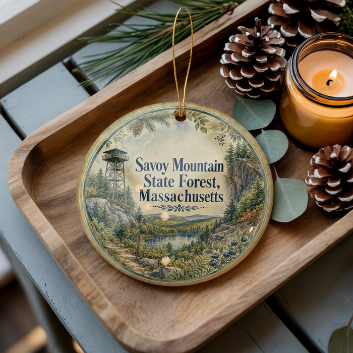 A wooden tray with a decorative ornament featuring a scenic mountain landscape, pine cones, and a lit candle.