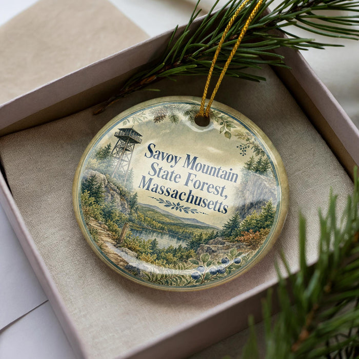 A decorative ornament with a scenic landscape of Savoy Mountain State Forest, Massachusetts, featuring a lighthouse and pine trees.