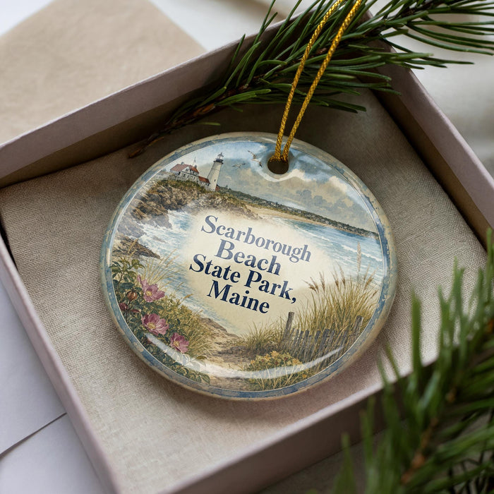 A decorative ornament in a box, featuring a lighthouse and a scenic beach landscape.