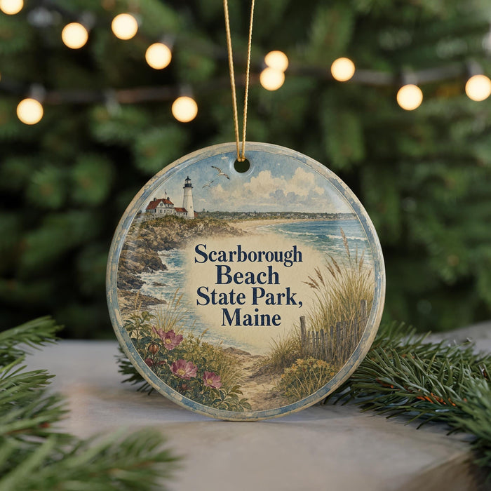 A round ornament with a lighthouse and beach scene, featuring text that says "Scarborough Beach State Park, Maine".