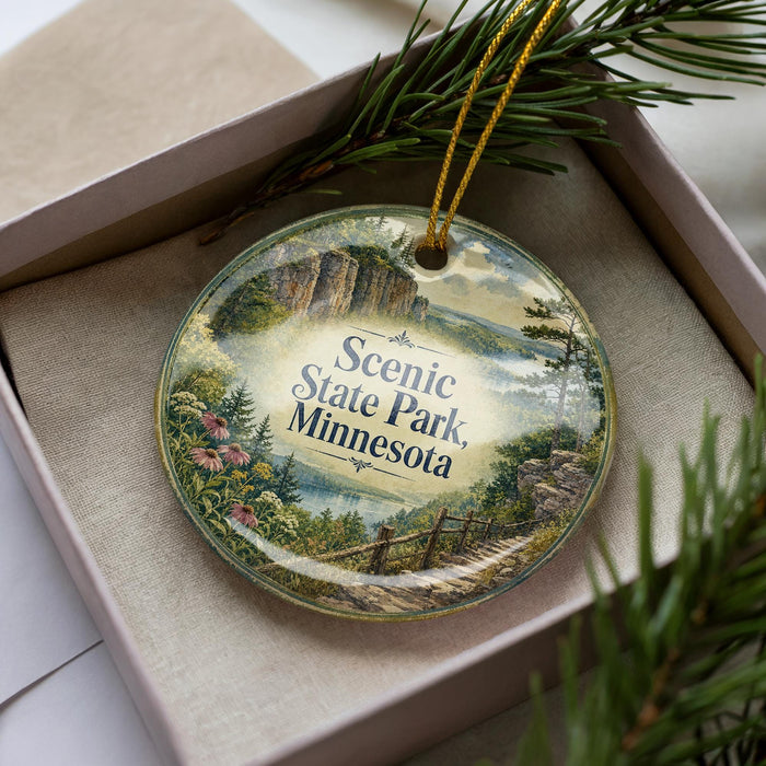 A decorative ornament with a scenic landscape of mountains, trees, and a winding path, placed inside a box with pine branches.