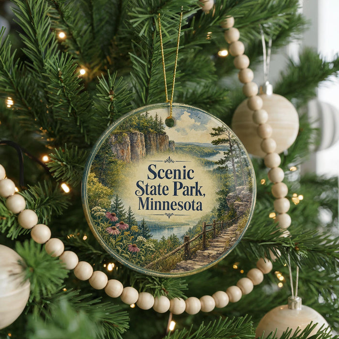 A circular ornament hanging on a Christmas tree, featuring a scenic landscape with a path leading to a lake.