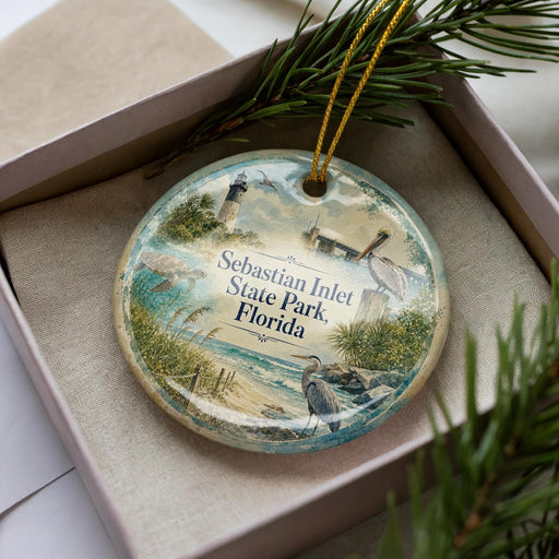 A decorative ornament in a box, featuring a scenic image of Sebastian Inlet State Park, Florida.
