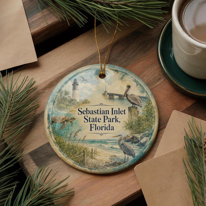 A decorative ornament featuring a lighthouse and a bird, with the text " Sebastian Inlet State Park, Florida" printed on it, is displayed on a wooden surface alongside a cup of coffee and some pine branches.