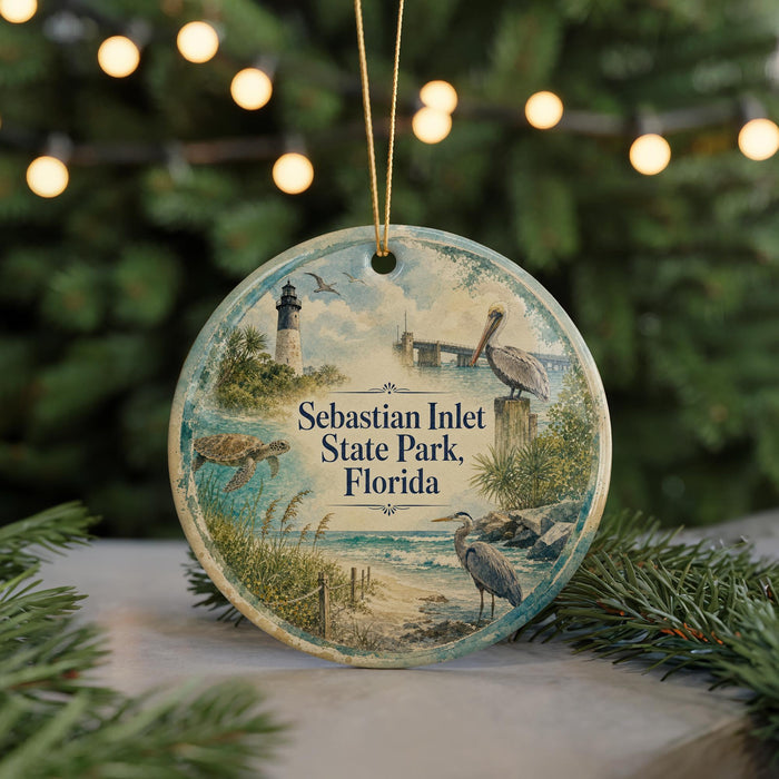 A round ornament featuring a lighthouse, a bird, and a beach scene, with the text " Sebastian Inlet State Park, Florida" displayed on it.