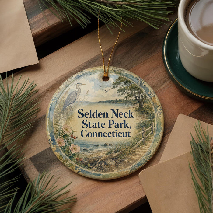 A decorative ornament with the text "Selden Neck State Park, Connecticut" is displayed on a wooden surface, surrounded by pine branches and a cup of coffee.