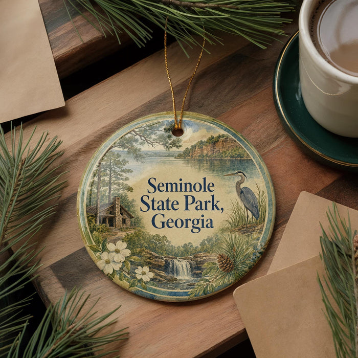 A round ornament with a scenic illustration of a lake, pine trees, and a bird, along with the text "Seminole State Park, Georgia".