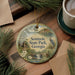 A round ornament with a scenic illustration of a lake, pine trees, and a bird, along with the text "Seminole State Park, Georgia".