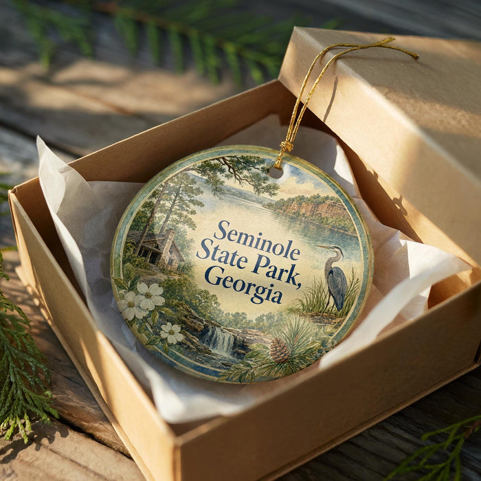 A decorative ornament in a box, featuring a scenic landscape with a lake, trees, and a bird, is displayed on a wooden surface.