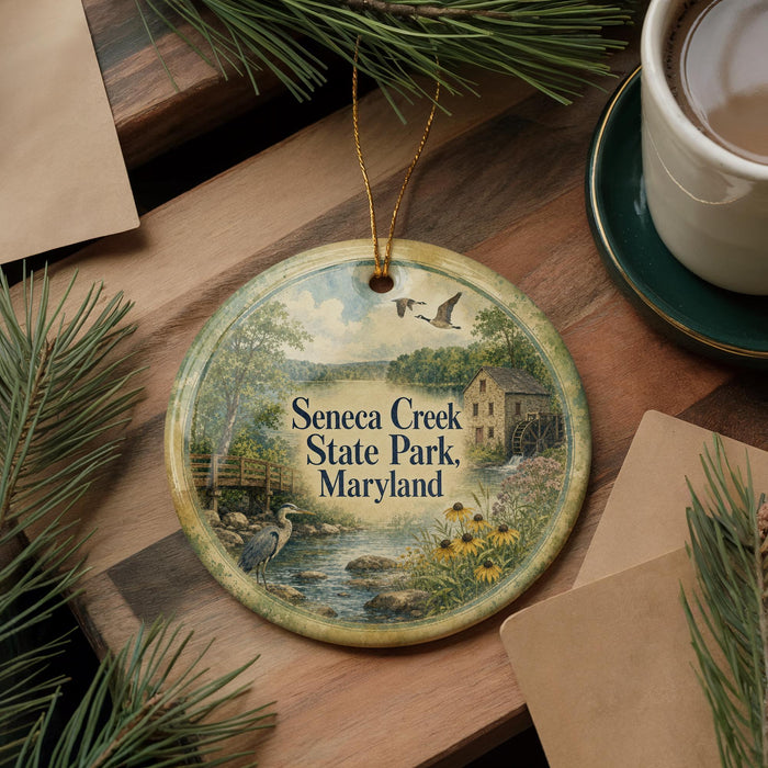 A decorative ornament with a scenic image of Seneca Creek State Park, Maryland, featuring a bird, a bridge, and flowers, is displayed on a wooden surface alongside a cup of coffee and some pine branches.