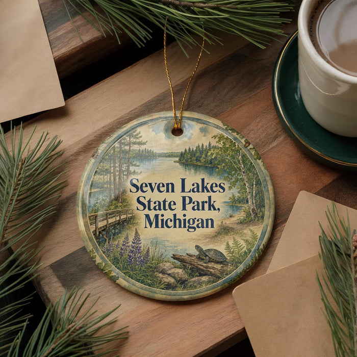 A decorative ornament featuring a scenic image of Seven Lakes State Park, Michigan, with pine branches and a cup of coffee nearby.