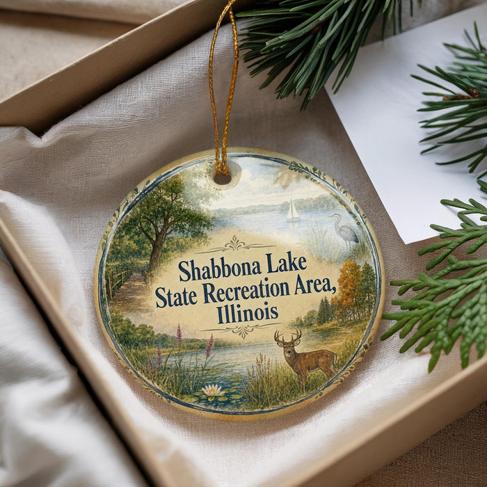 A decorative ornament with a scenic landscape of Shabbona Lake, Illinois, featuring a deer, a bird, and a lake.