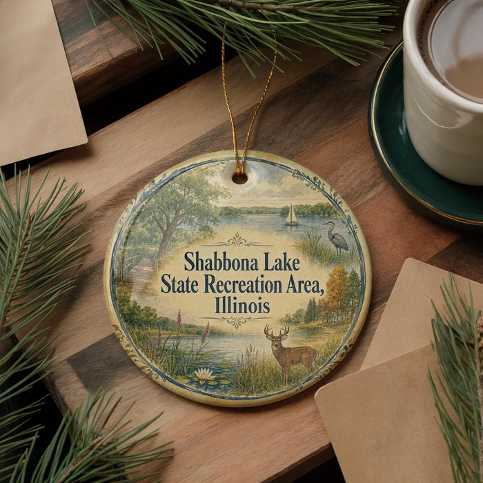 A decorative ornament with a scenic lake and wildlife illustration, hanging on a wooden surface.