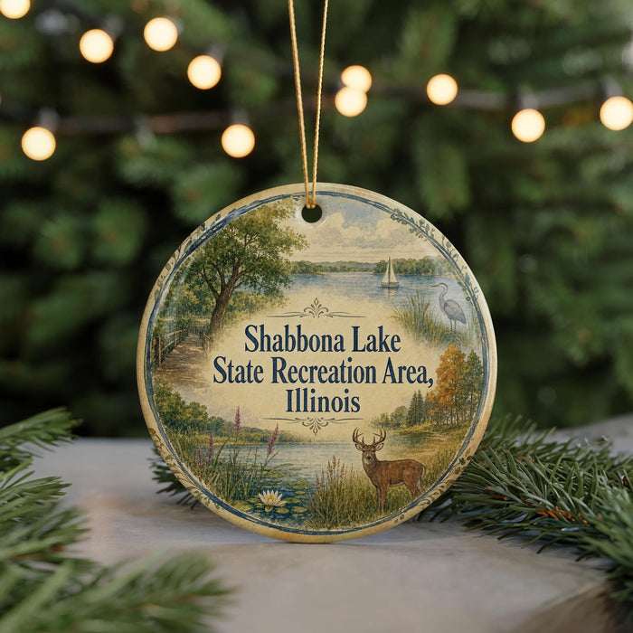 A round ornament with a scenic landscape featuring a lake, trees, and wildlife, including a deer, is displayed in front of a blurred background with Christmas lights.