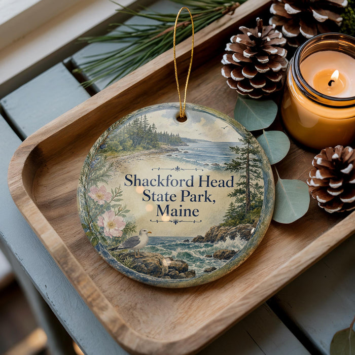 A decorative ornament with a scenic image of Shackford Head State Park, Maine, featuring a beach, pine trees, and a body of water. The ornament is displayed on a wooden tray, accompanied by pine cones and a lit candle.