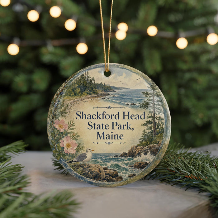 A round ornament with a scenic landscape of a beach, mountains, and a seagull, hanging from a string.