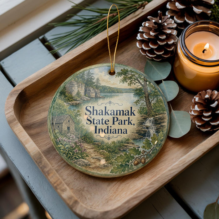 A wooden tray with a decorative ornament featuring a scenic landscape of Shakamak State Park, Indiana, along with pine cones and a lit candle.