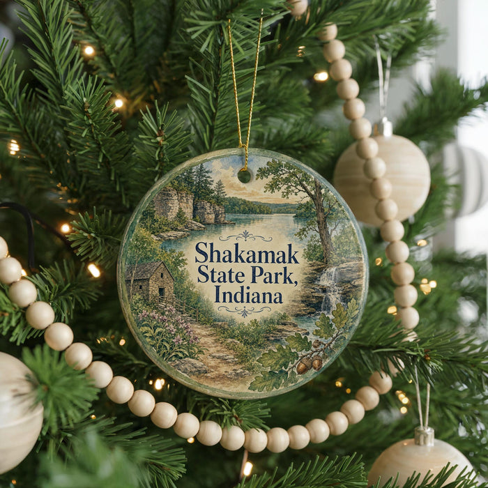 A round ornament hanging on a Christmas tree, featuring a scenic landscape with a house and a lake.