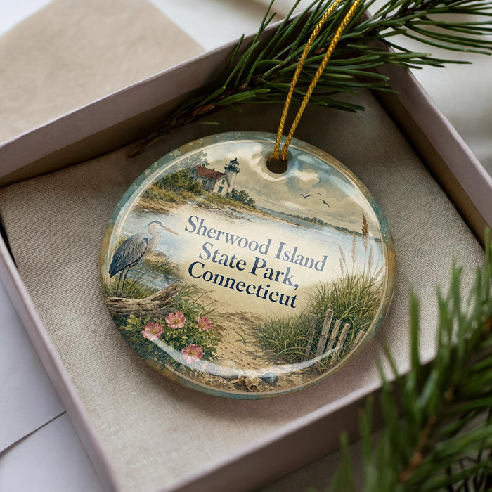 A decorative ornament in a box, featuring a scenic landscape with a lighthouse, birds, and flowers.