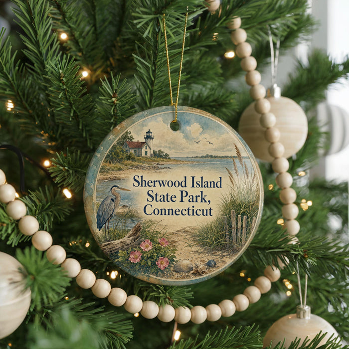 A round ornament hanging on a Christmas tree, featuring a scenic image of Sherwood Island State Park, Connecticut.