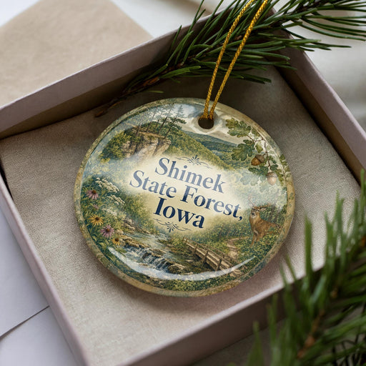 A decorative ornament in a box, featuring a scenic landscape with a river, trees, and mountains.