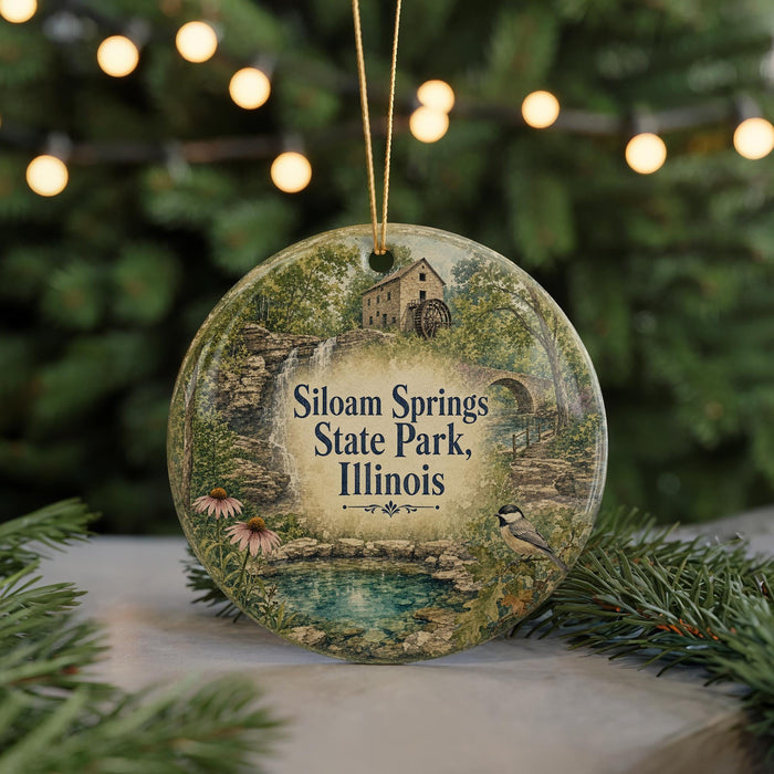 A round ornament with a scenic image of Siliam Springs State Park, Illinois, featuring a waterfall, a bird, and a bridge.