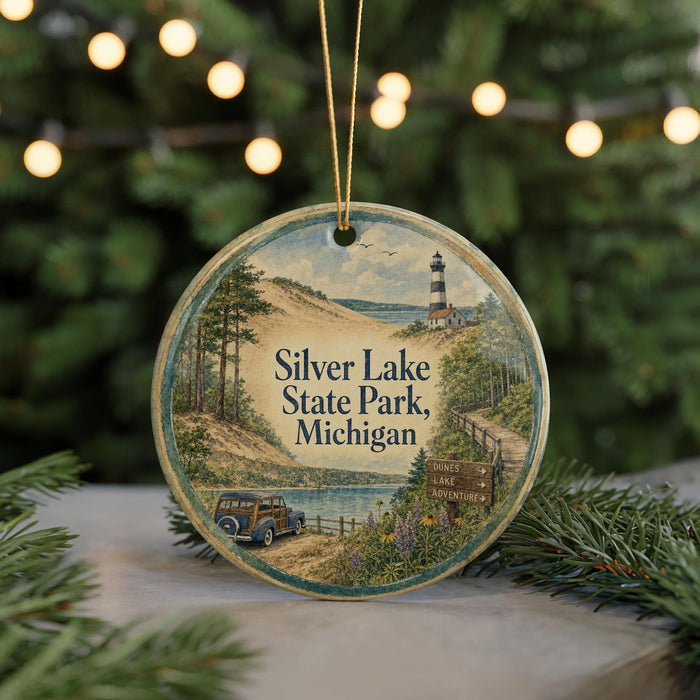 A round ornament featuring a scenic landscape with a lighthouse, trees, and a road, with the text "Silver Lake State Park, Michigan" displayed prominently.