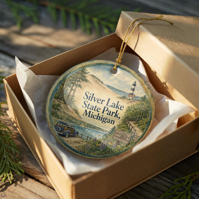 A round ornament in a box, depicting a scenic landscape with a lighthouse, trees, and a road, with the text "Silver Lake State Park, Michigan" printed on it.