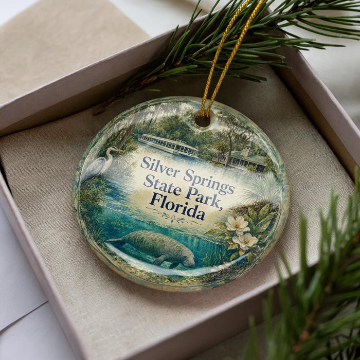 A decorative ornament in a box, featuring an illustration of Silver Springs State Park in Florida with a manatee, palm tree, and other natural elements.